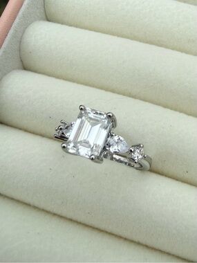 Emerald Cut Moissanite Three-Stone Silver Ring